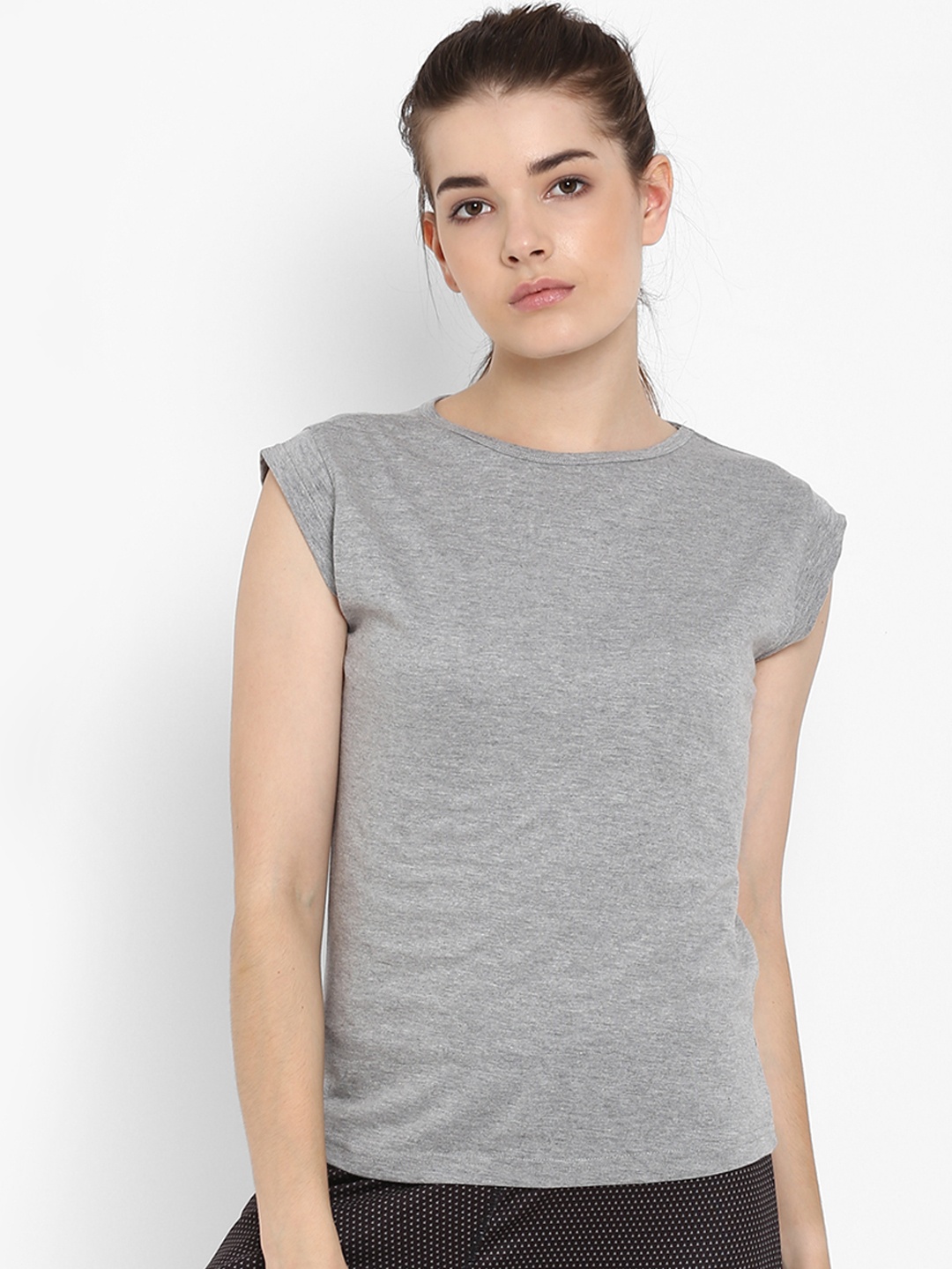 

appulse Women Grey Melange Solid Round Neck T-shirt