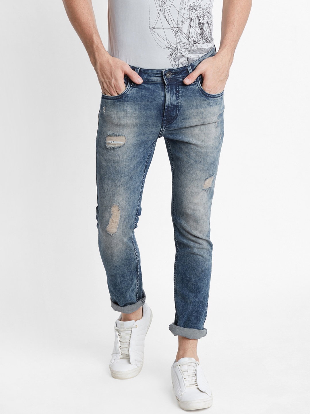 

SF JEANS by Pantaloons Men Blue Skinny Fit Mid-Rise Low Distress Jeans
