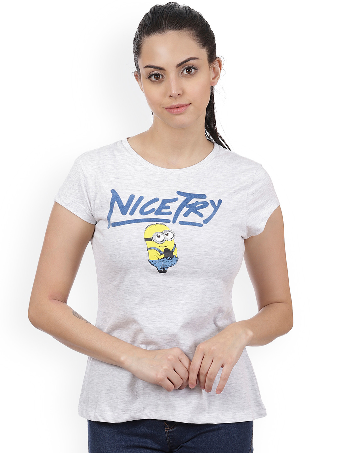 

Free Authority Women Grey Melange Minions Printed Round Neck T-Shirt