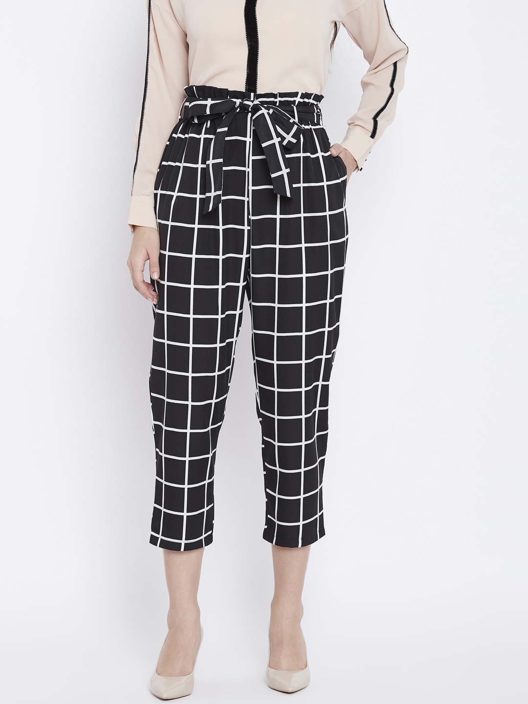 

Zastraa Women Black & White Regular Fit Checked Peg Trousers