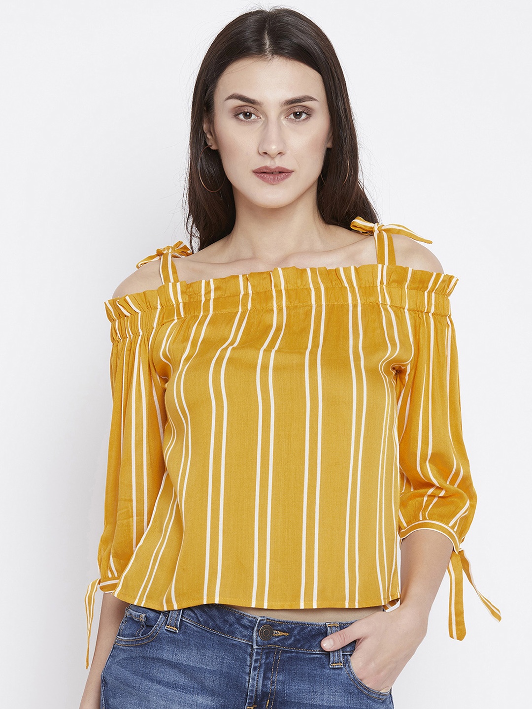 

Zastraa Women Mustard Striped Top