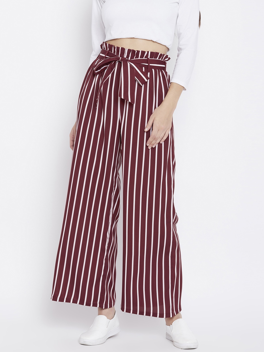 

Zastraa Women Maroon Regular Fit Striped Parallel Trousers