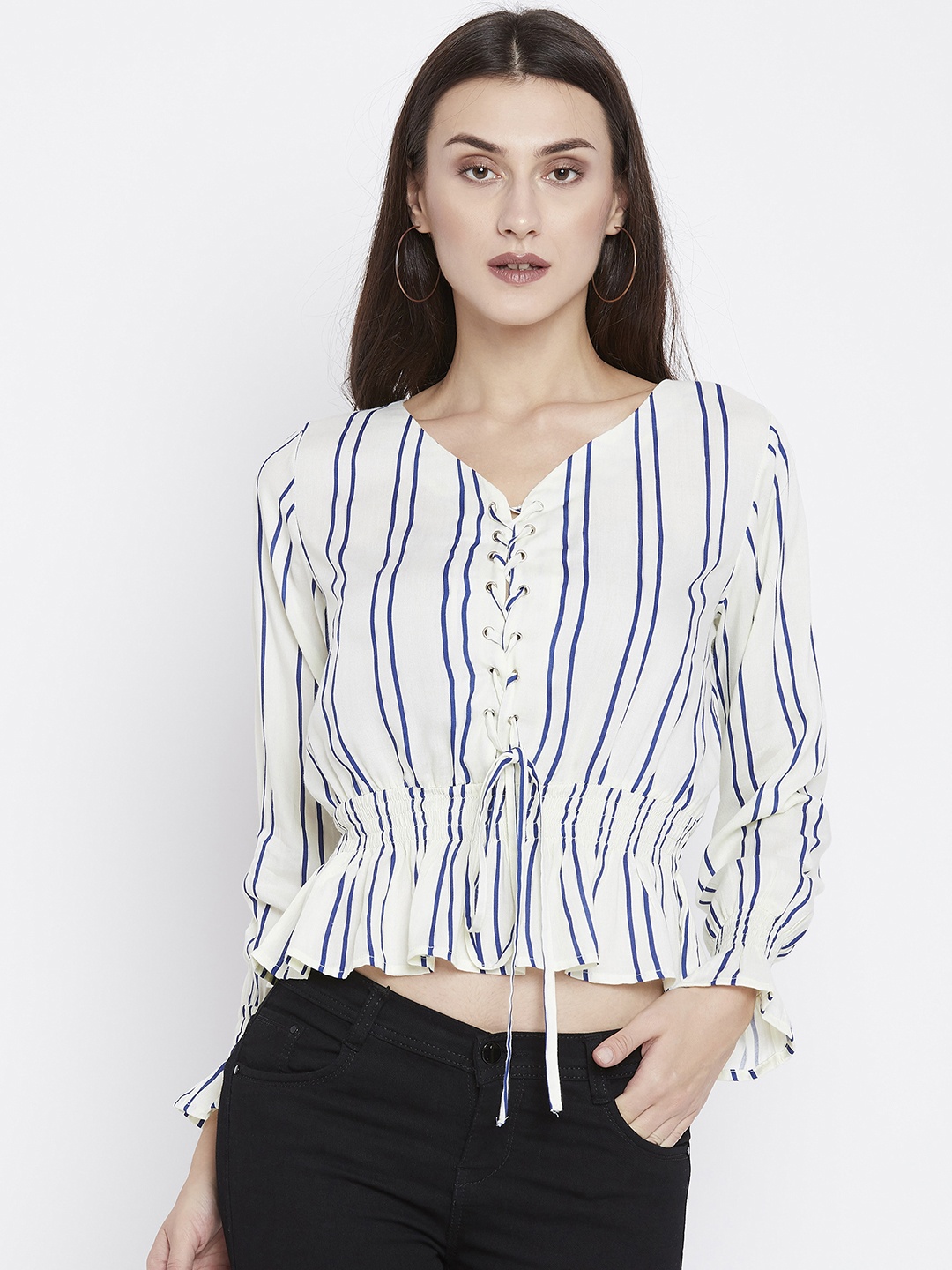 

Zastraa Women Cream-Coloured Striped Blouson Top