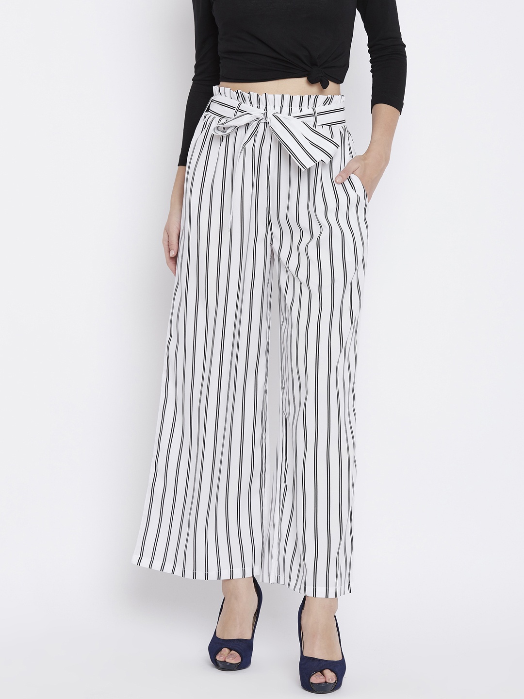 

Zastraa Women White & Black Regular Fit Striped Parallel Trousers