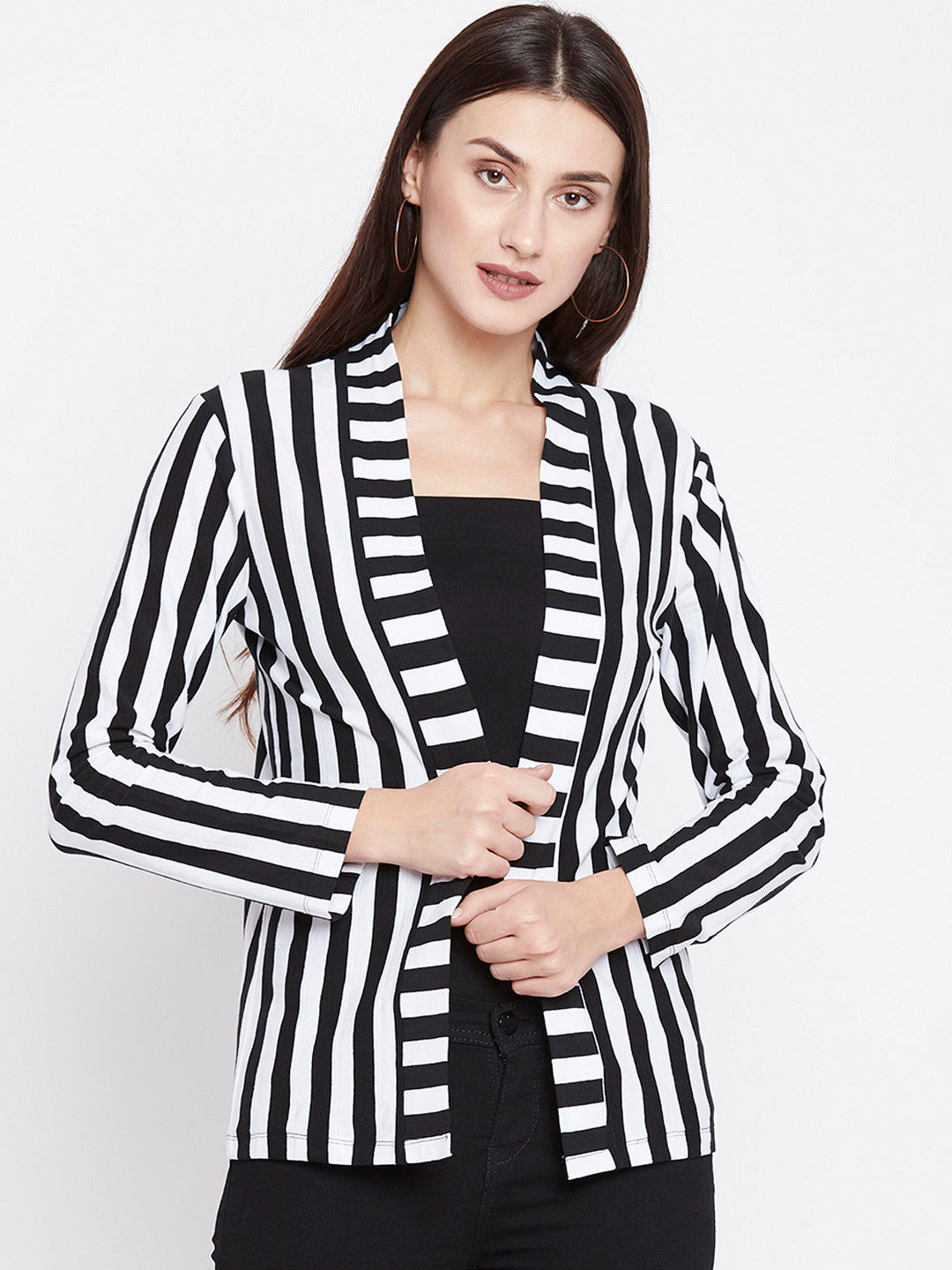 

Zastraa Women Black & White Striped Coat