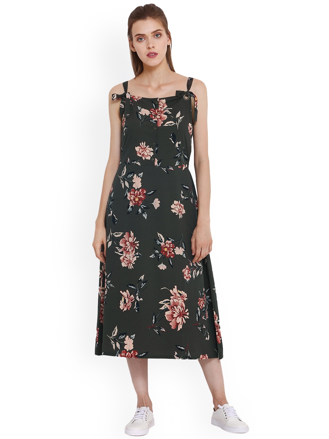 

PURYS Women Olive Green Printed Fit and Flare Dress