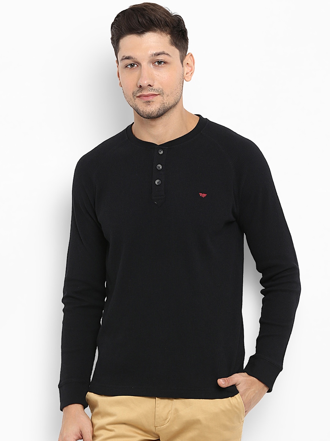 

Red Tape Men Black Solid Henley Neck T-shirt