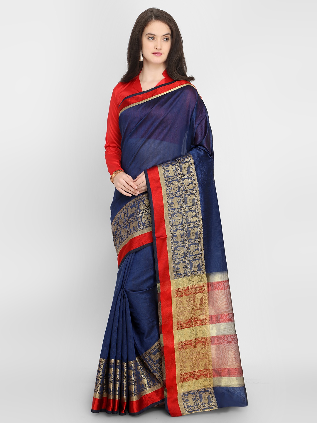 

Saree mall Navy Blue & Red Silk Blend Solid Banarasi Saree