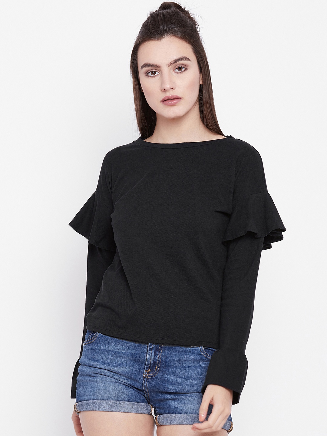 

THE SILHOUETTE STORE Women Black Solid Pure Cotton Top