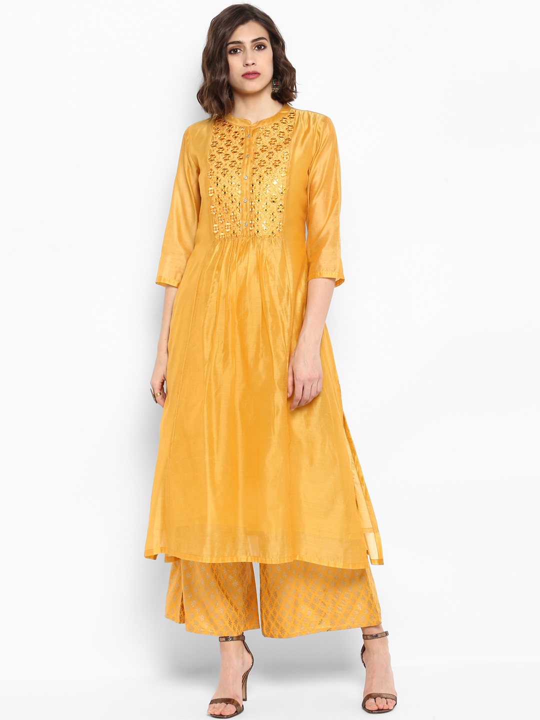 

Varanga Women Mustard Embroidered Kurti with Palazzos