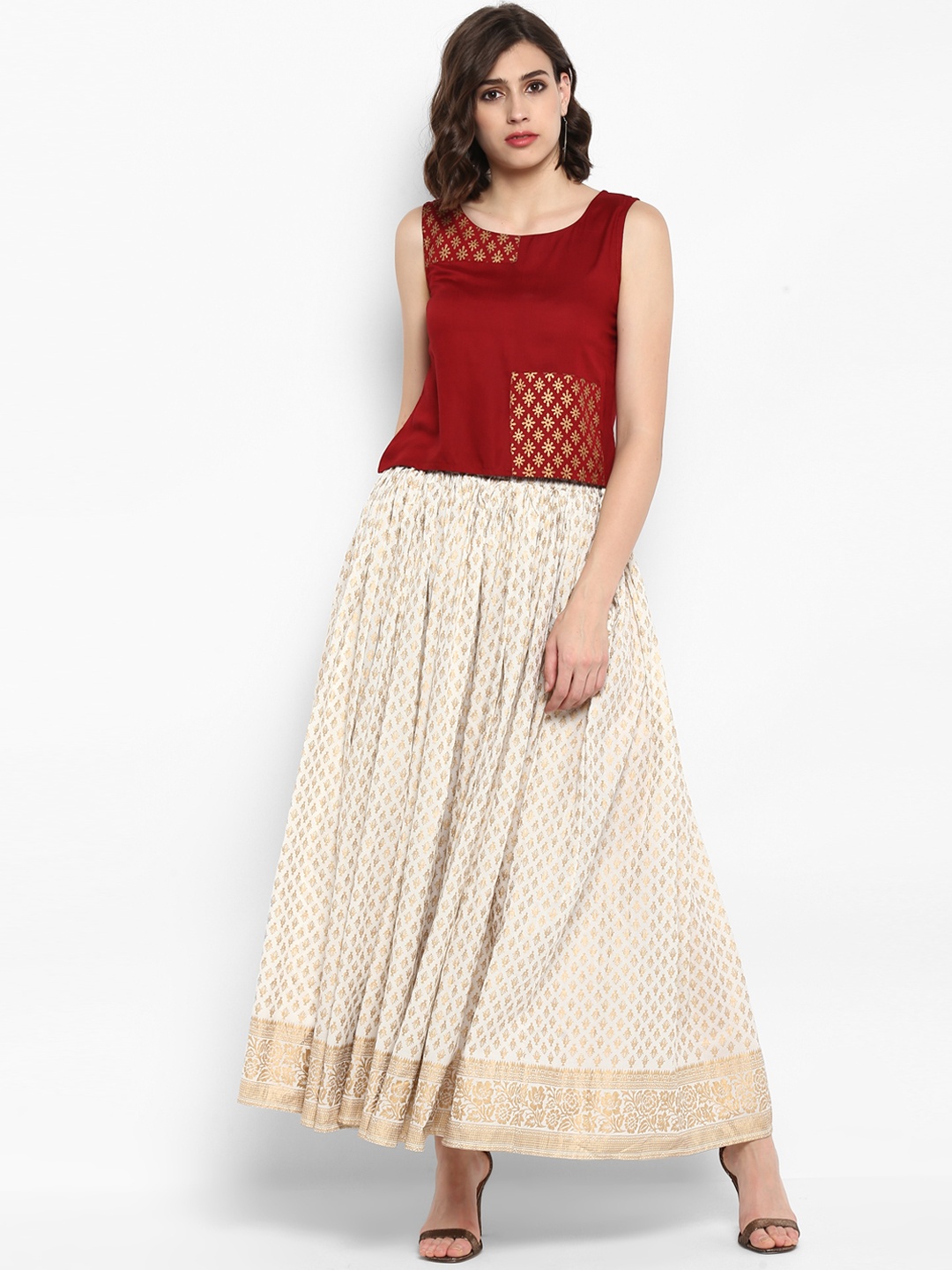 

Varanga Women Maroon & White Solid Top with Skirt