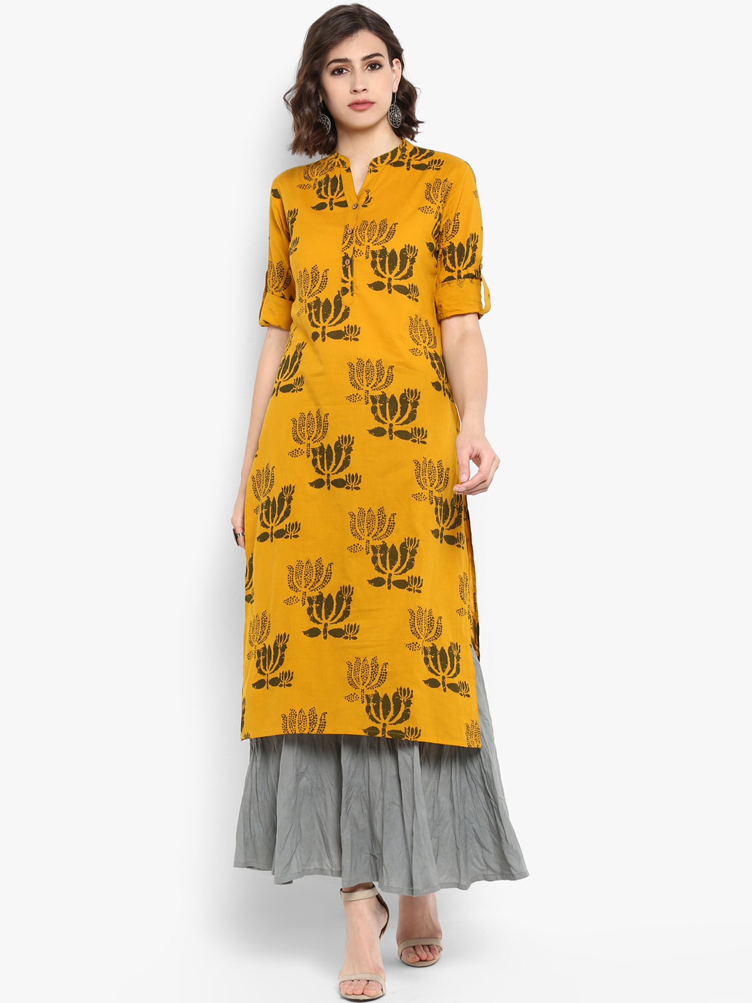 

Varanga Women Mustard Yellow & Grey Printed Kurta with Palazzos
