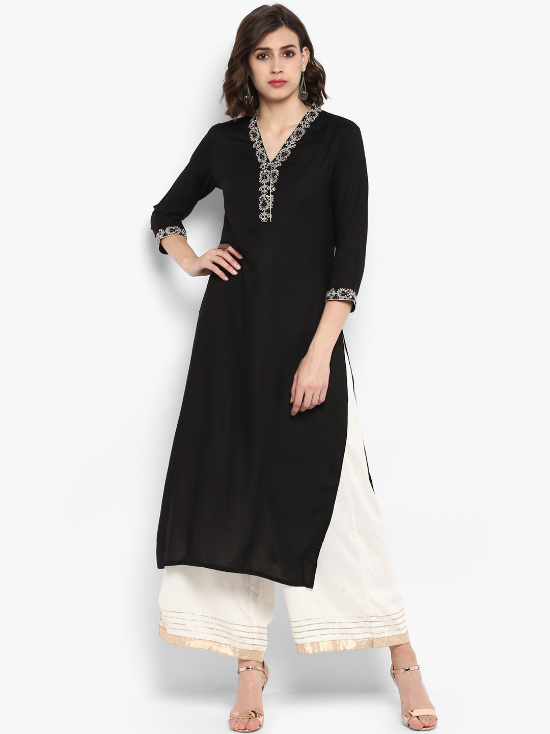 

Varanga Women Black & White Embroidered Kurta with Palazzos