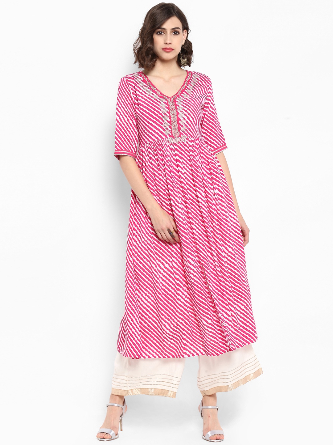 

Varanga Women Pink & White Embroidered Kurta with Palazzos