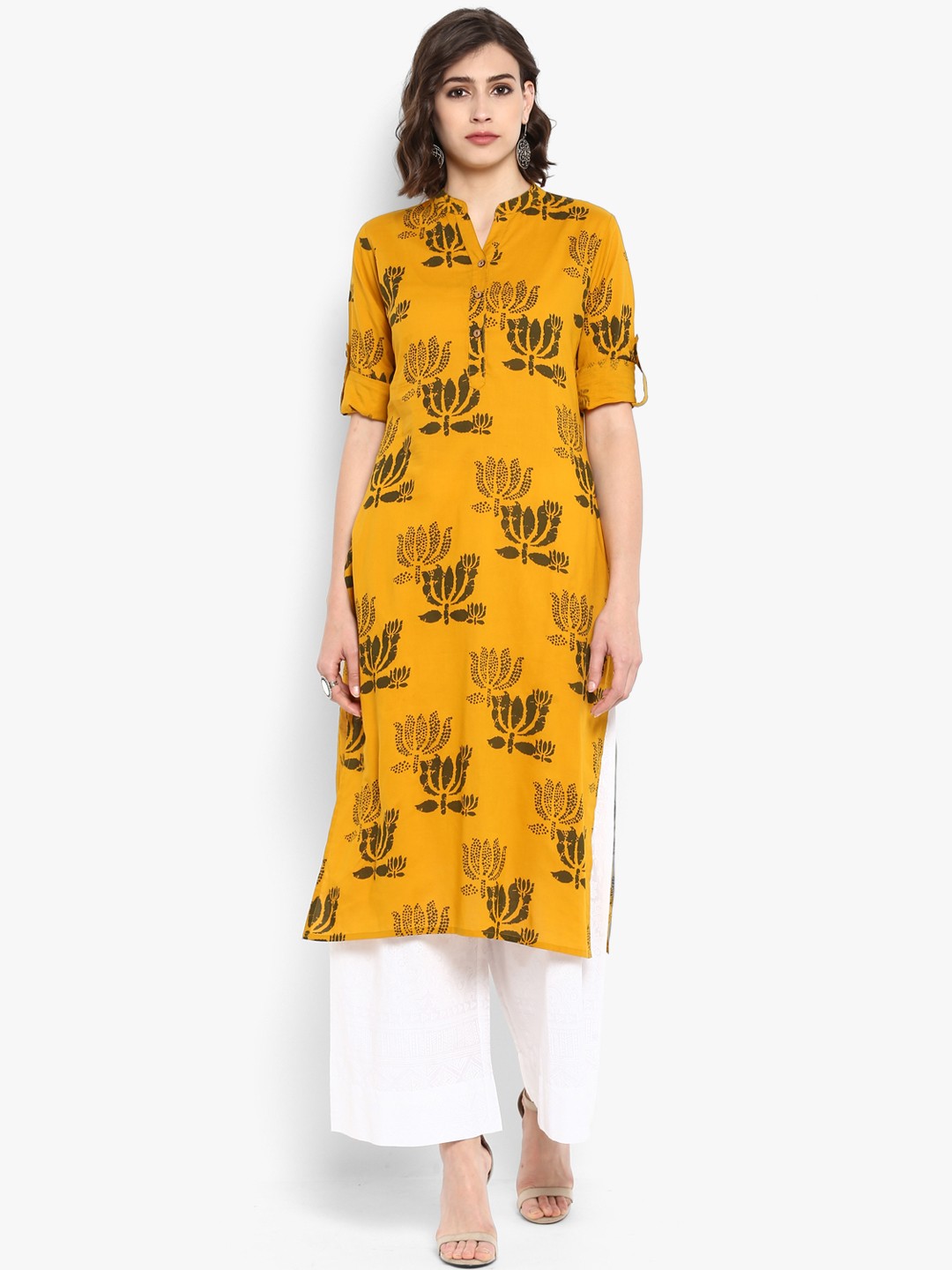 

Varanga Women Mustard Yellow & White Printed Kurta with Palazzos