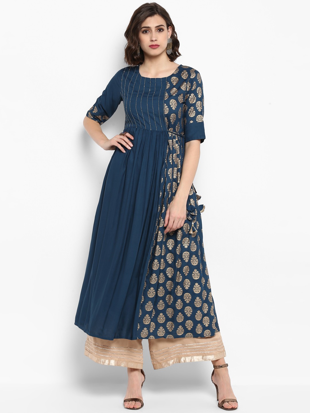

Varanga Women Navy Blue & Beige Printed Kurta with Palazzos