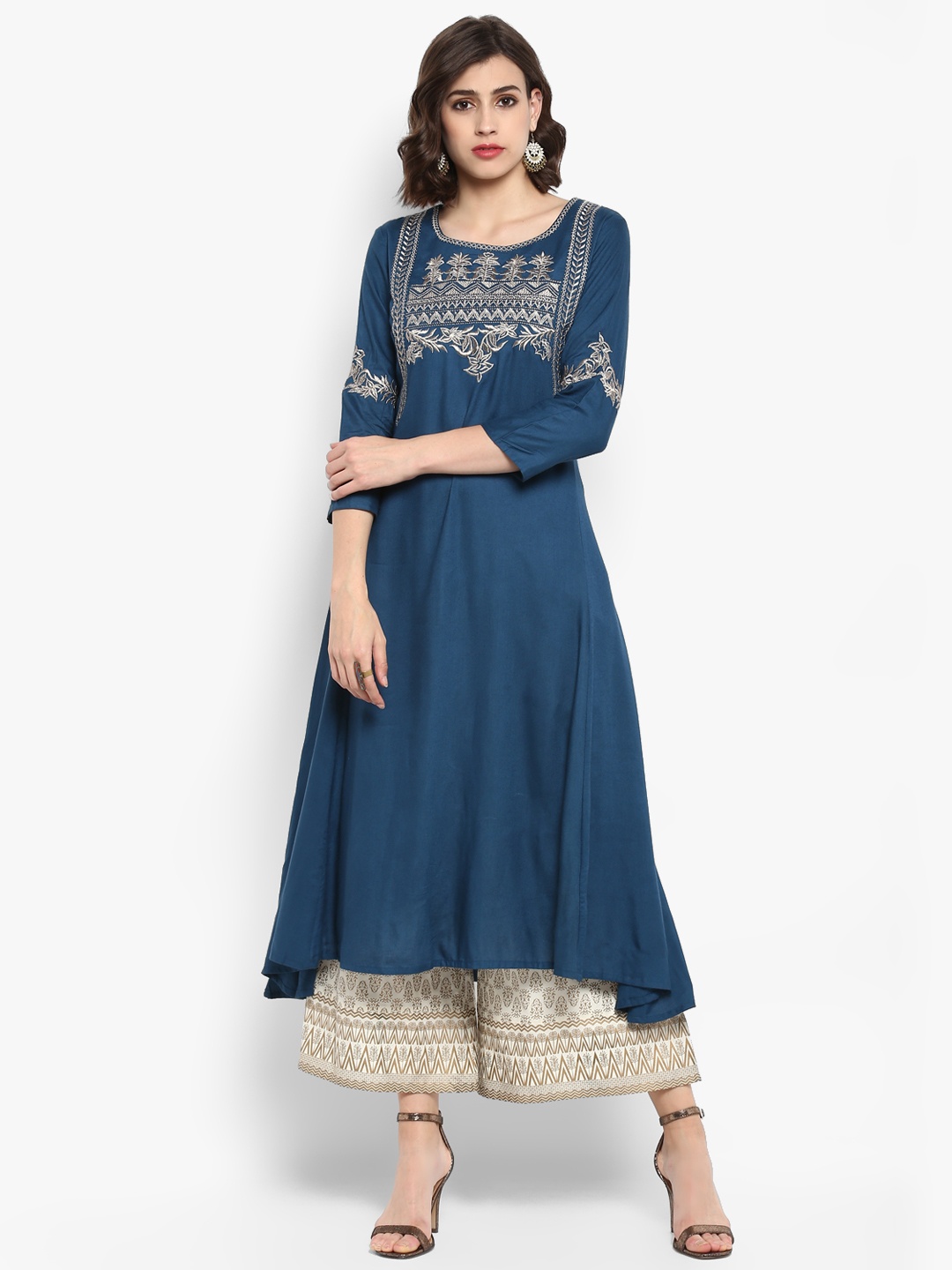 

Varanga Women Teal Blue & Beige Embroidered Kurta with Palazzos
