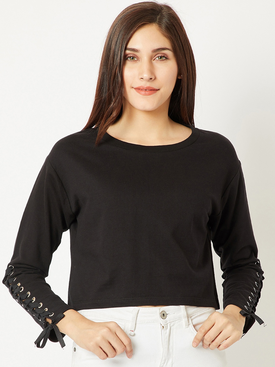 

Miss Chase Women Black Solid Crop Sweatshirt
