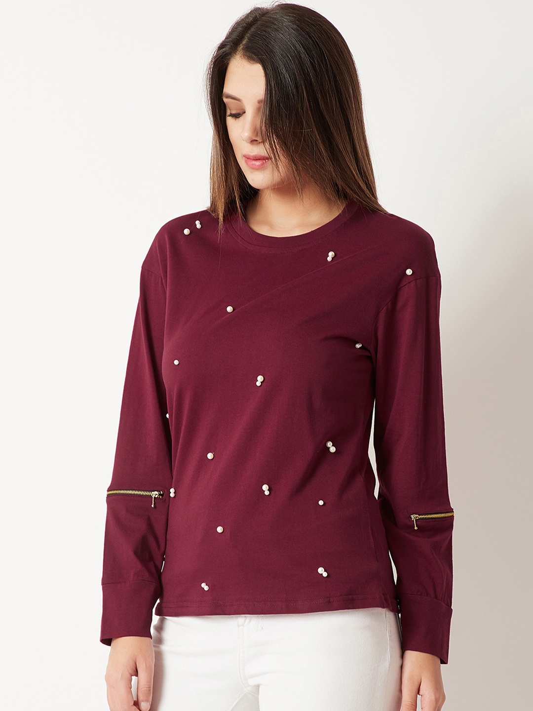 

Miss Chase Women Maroon Embellished Pure Cotton Top