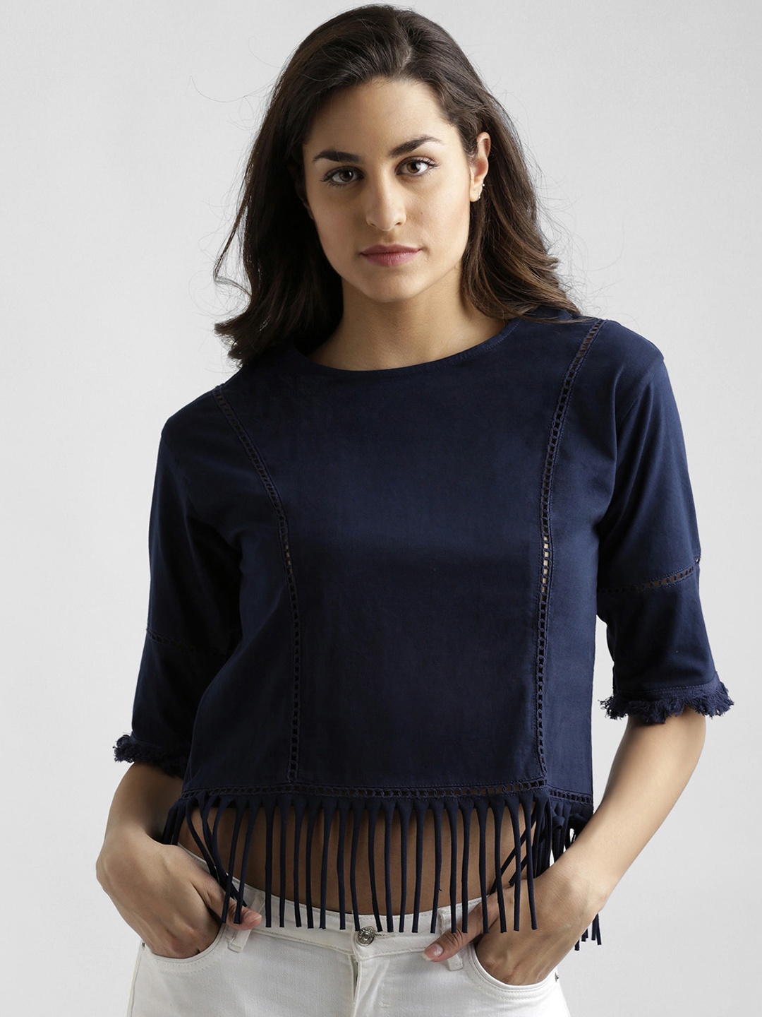 

Miss Chase Women Navy Blue Solid Fringed Top