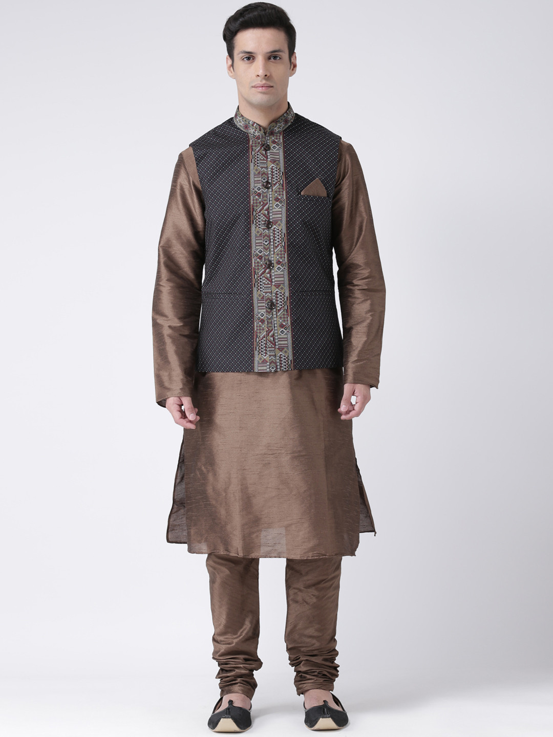 

DEYANN Men Brown Printed Kurta with Churidar & Nehru Jacket