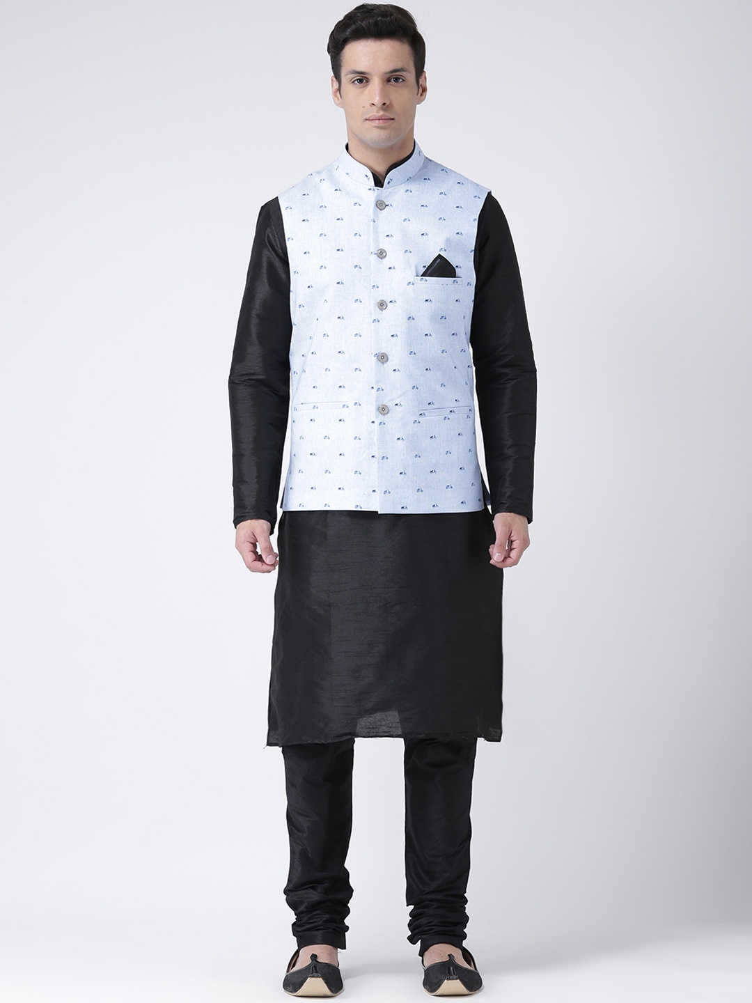 

DEYANN Men Black Printed Kurta with Churidar & Nehru Jacket