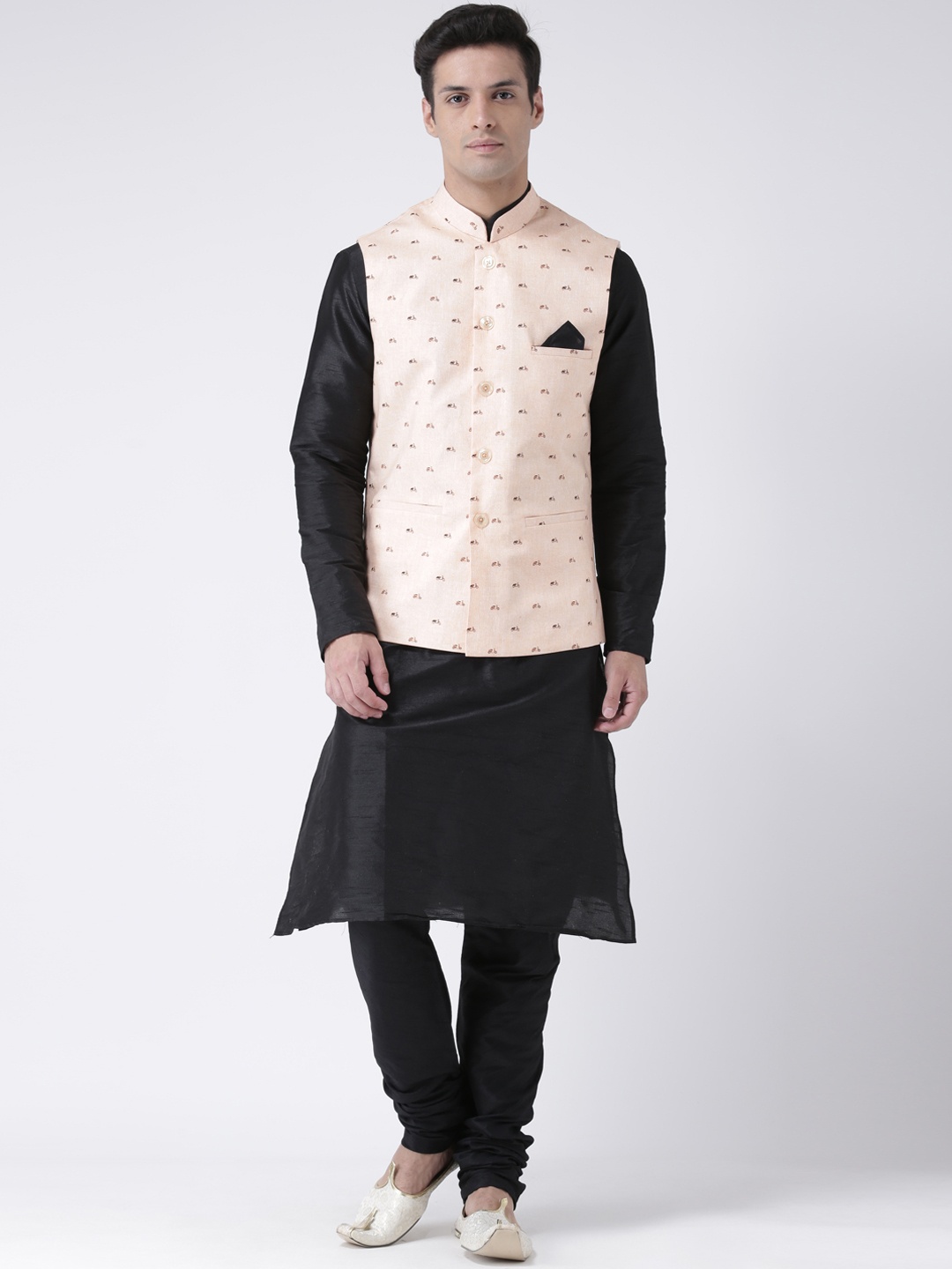 

DEYANN Men Black Printed Kurta with Churidar & Nehru Jacket