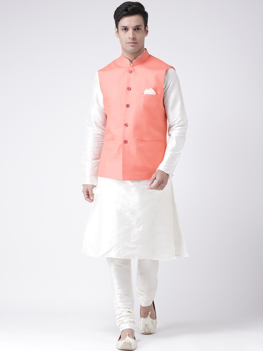 

DEYANN Men Off-White Solid Kurta with Churidar & Nehru Jacket