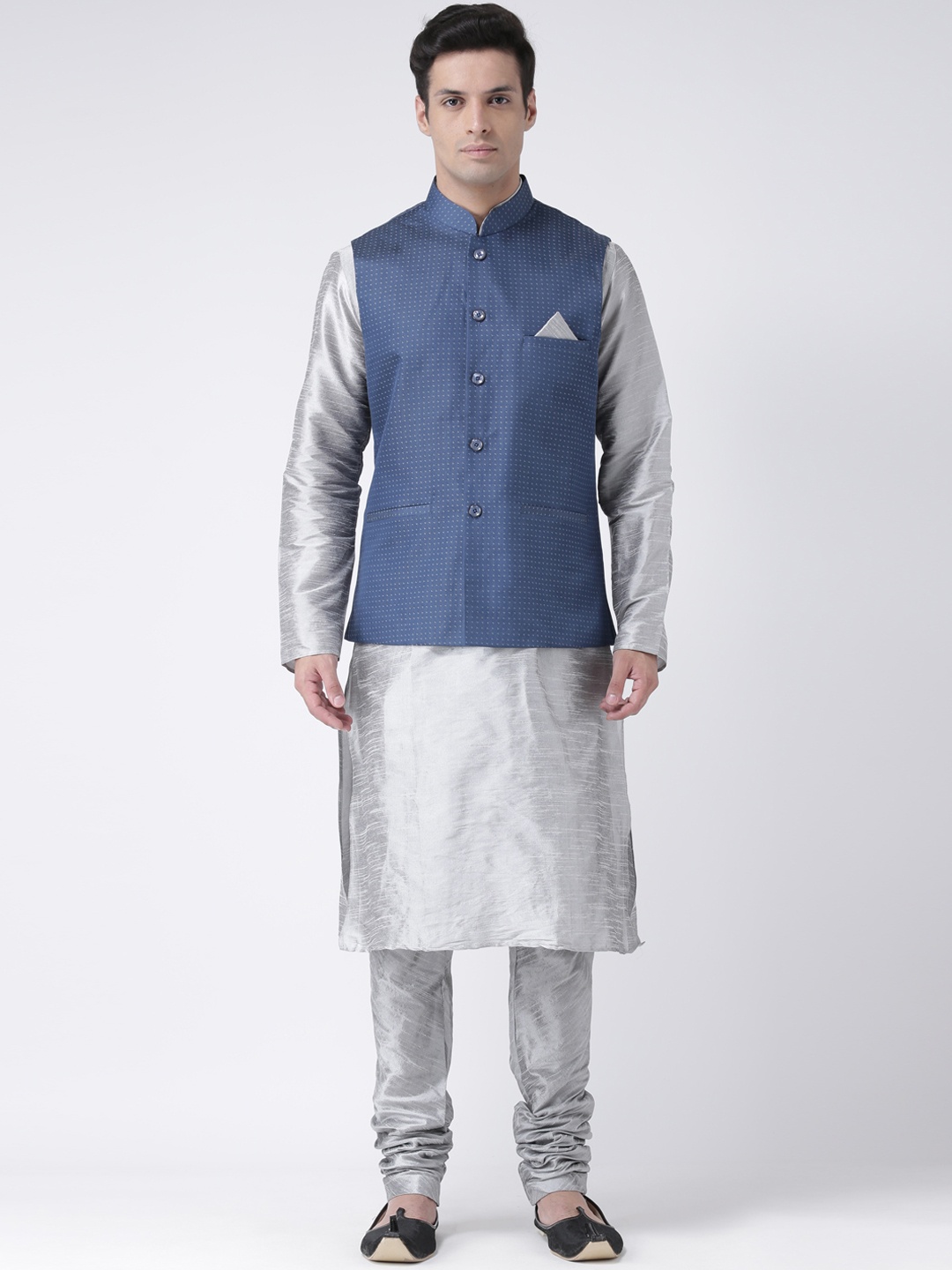 

DEYANN Men Navy Blue & Silver-Toned Printed Kurta with Churidar