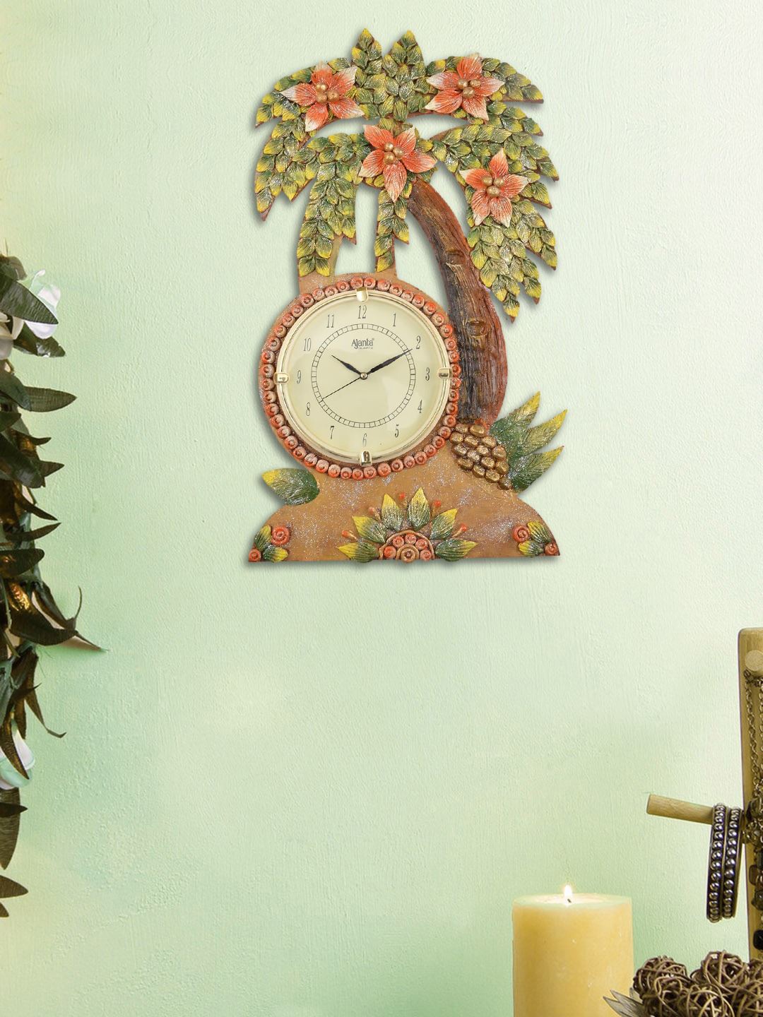 

999Store Green & Orange Handcrafted Quirky Textured Analogue Wall Clock