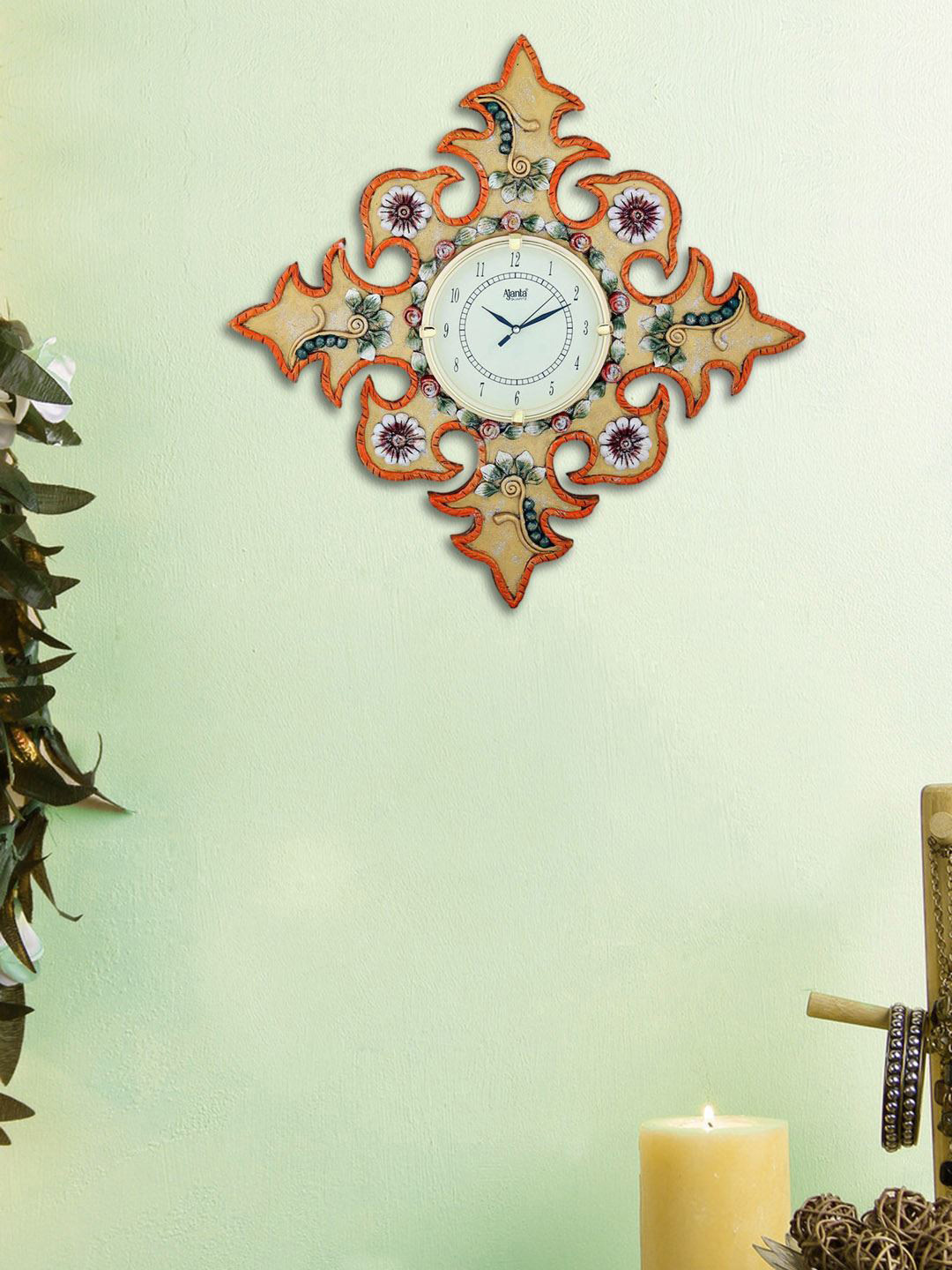 

999Store Gold-Coloured & Orange Handcrafted Floral Textured Analogue Wall Clock