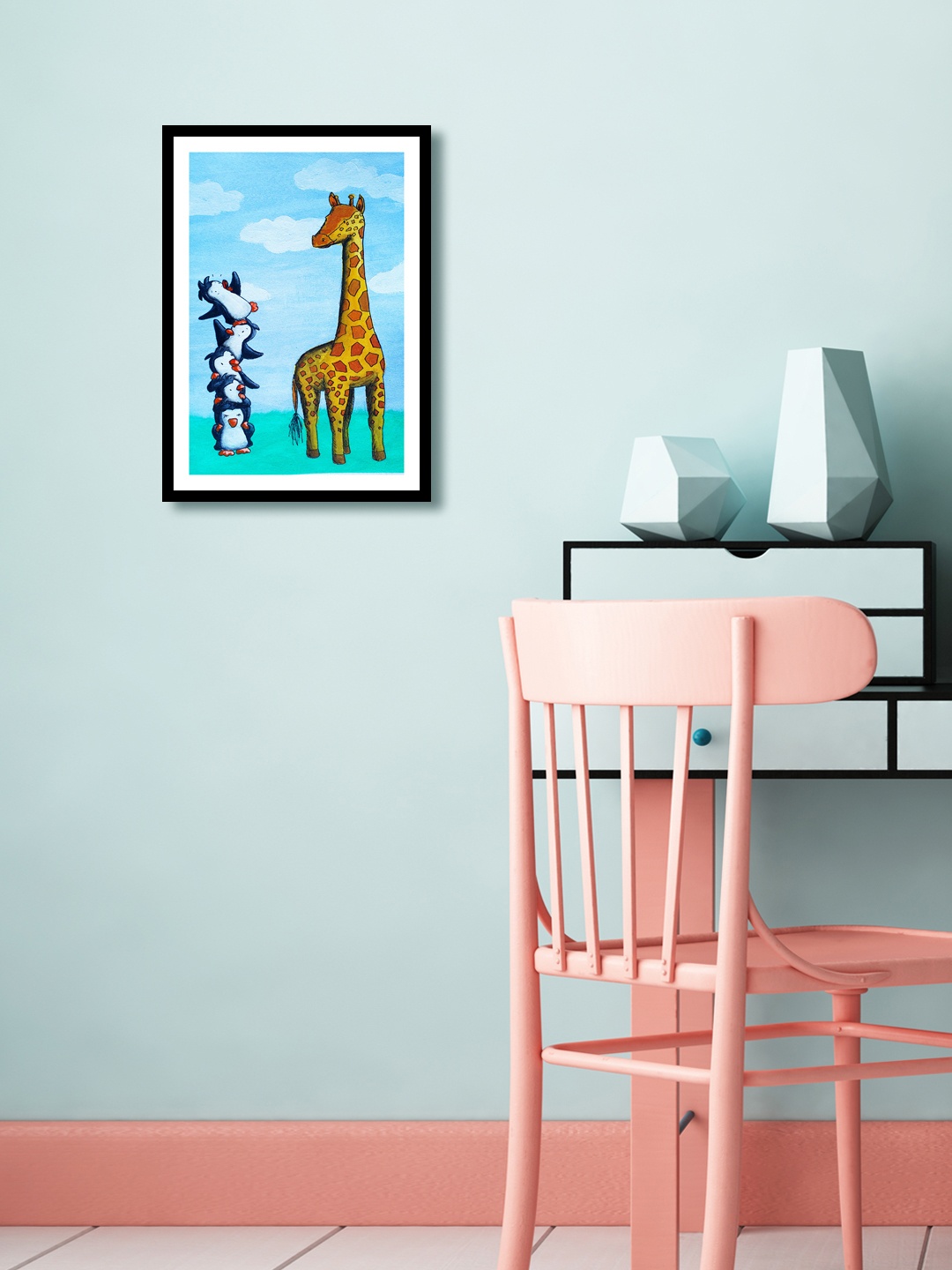 

999Store Multicoloured Giraffe & Penguins Wall Painting, Multi