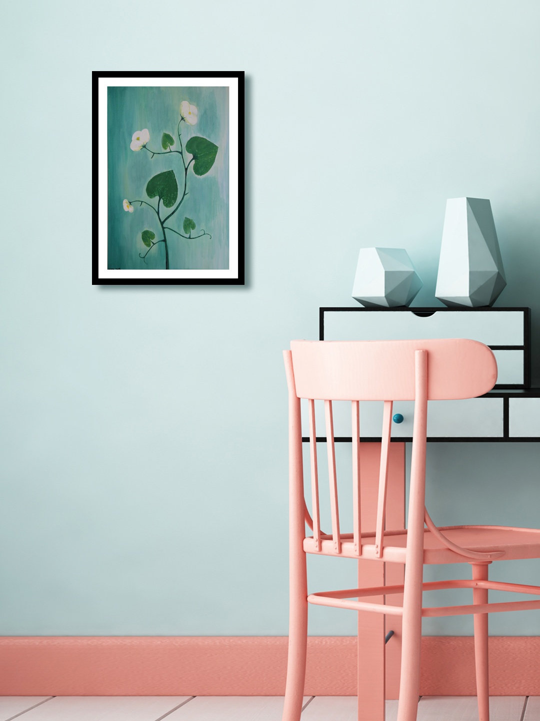 

999Store White & Blue Floral Wall Painting