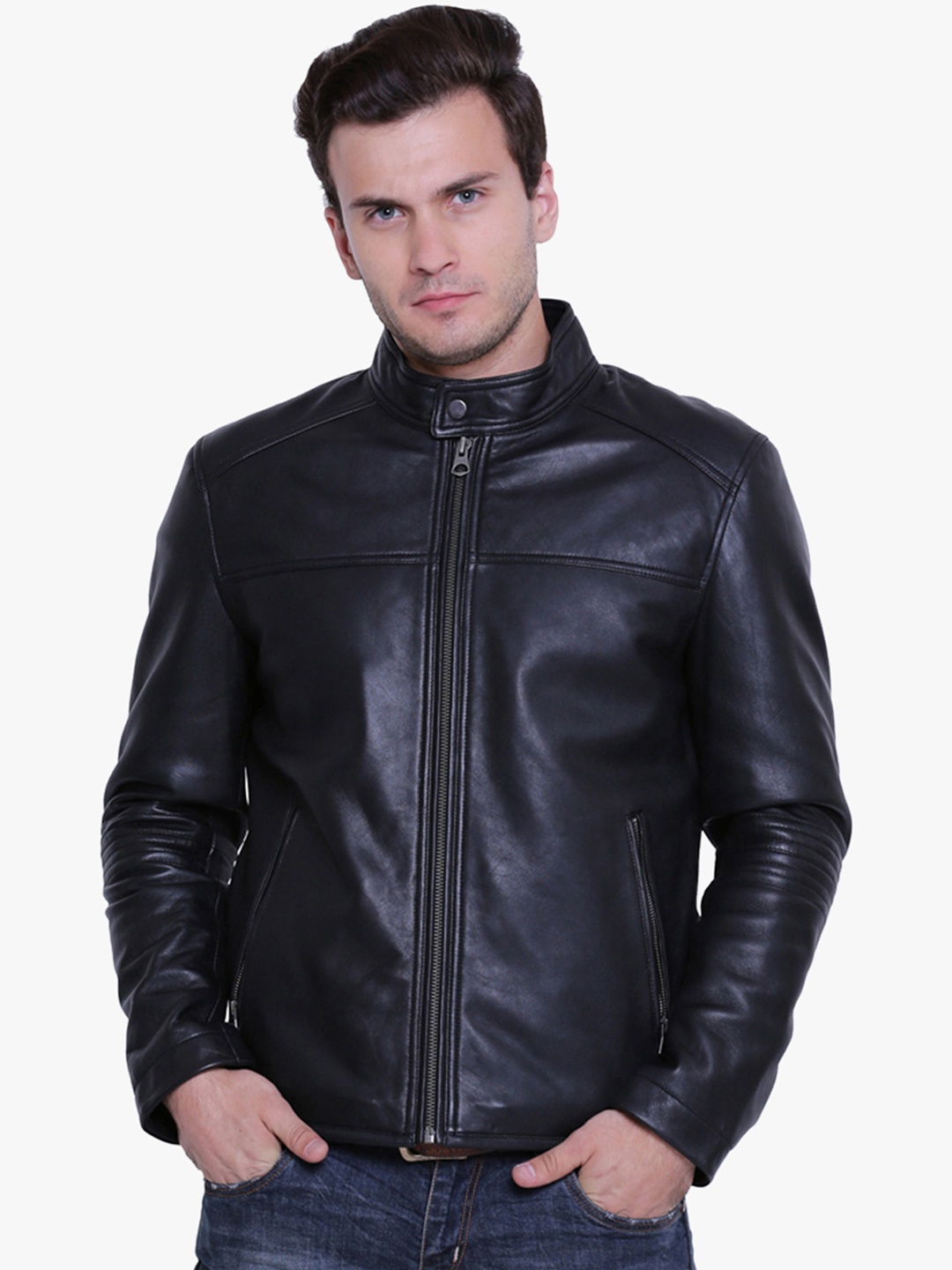 

Justanned Men Black Solid Leather Jacket