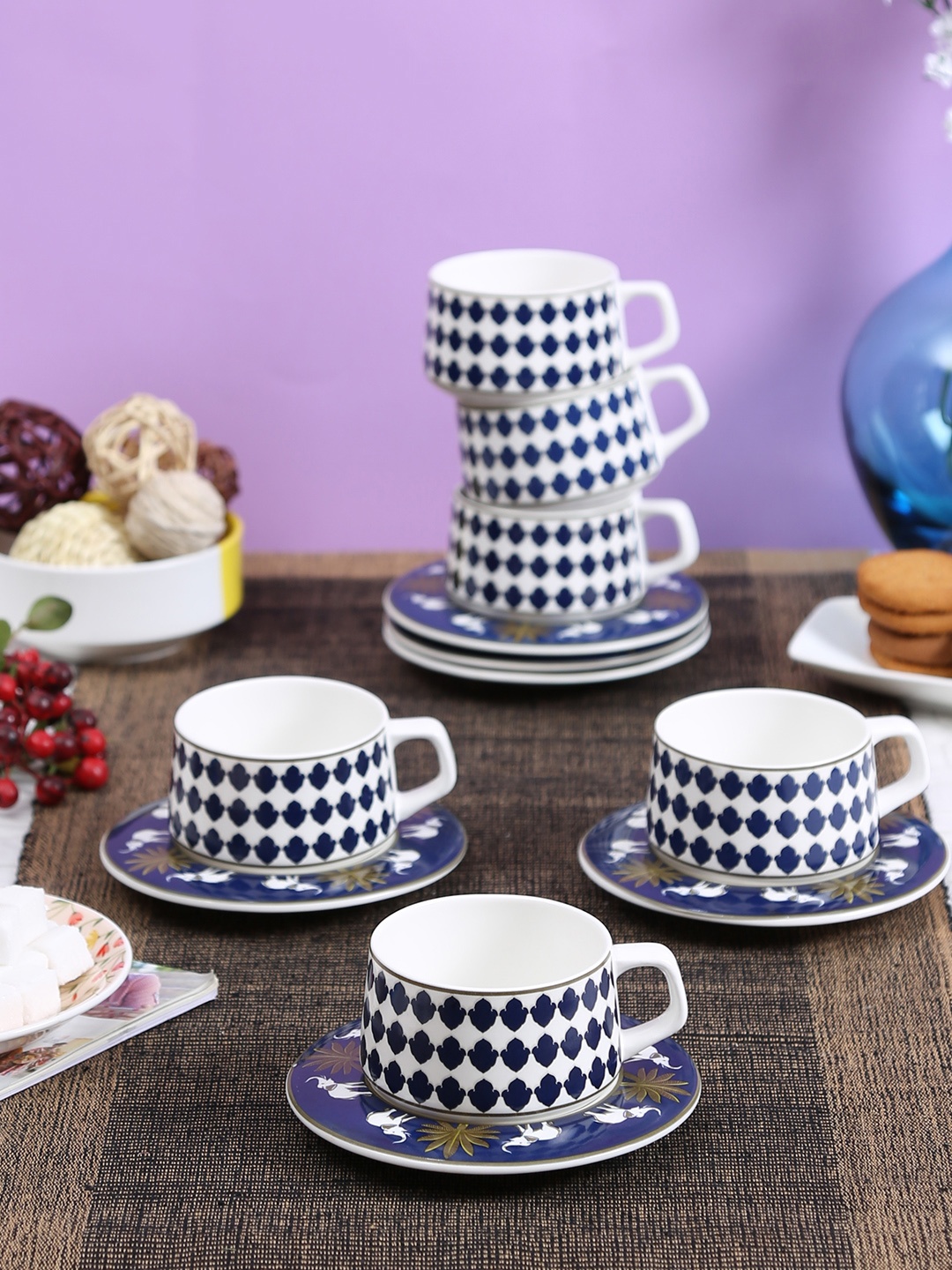 

India Circus Set of 6 Blue & White Printed Bone China Cups and Saucers