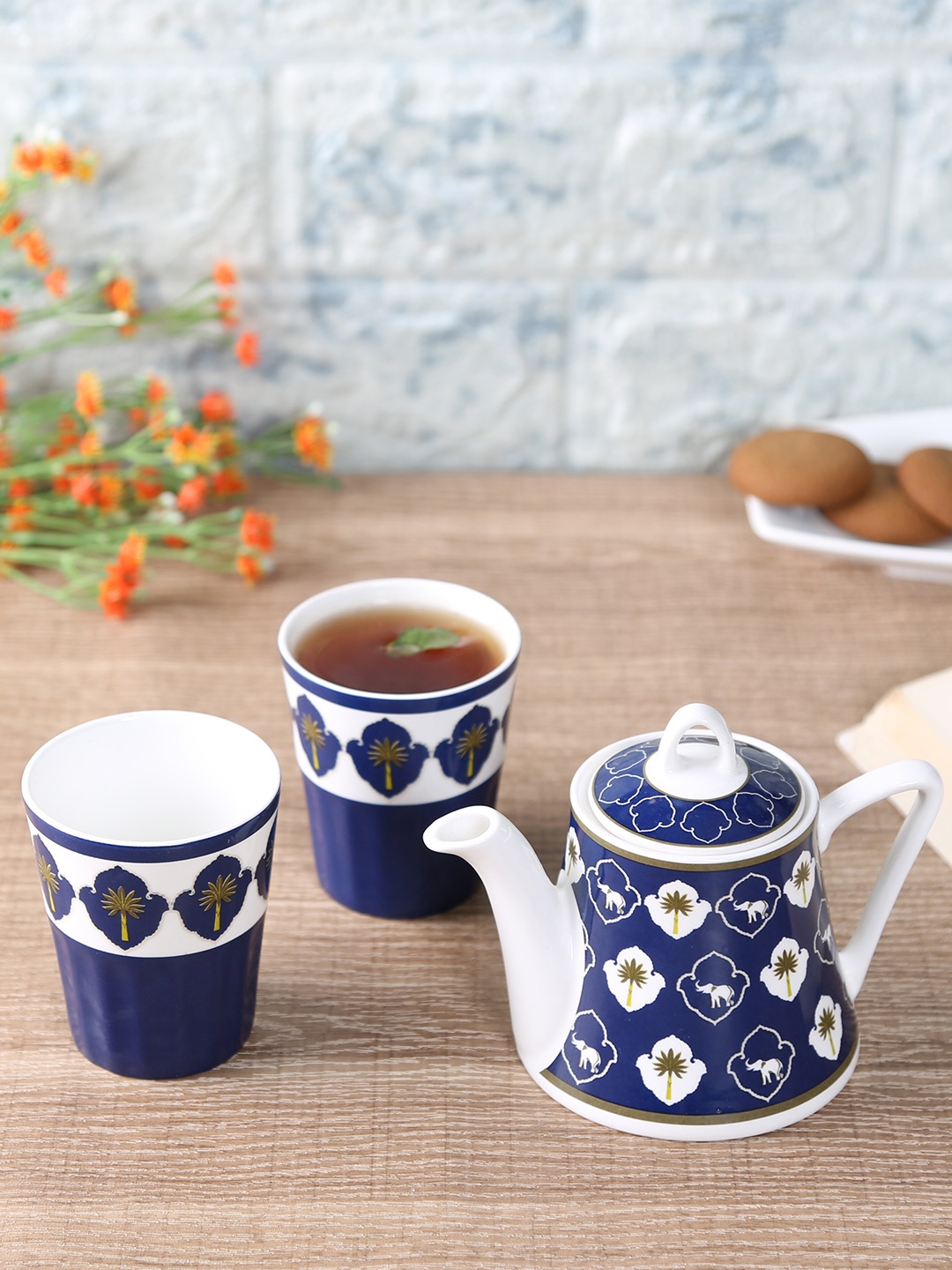 

India Circus Set of 3 Blue Printed Cups Bone China Set
