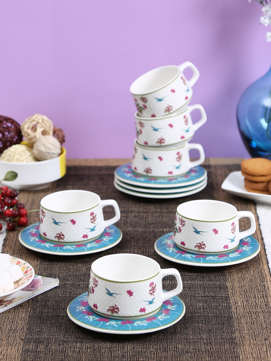 

India Circus Set of 6 Blue & Green Printed Bone China Cups and Saucers