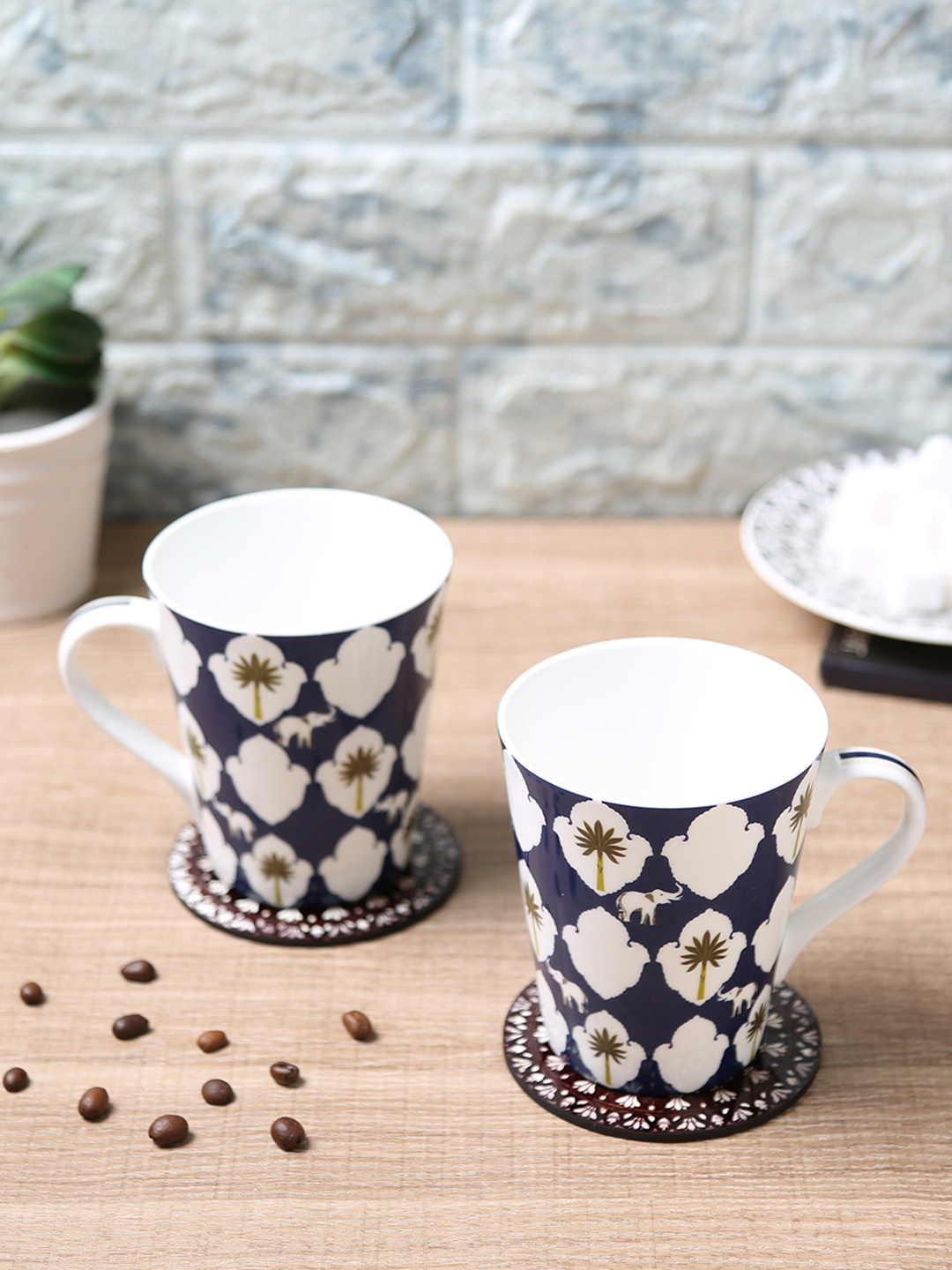 

India Circus Set of 2 Blue Printed Cups Bone China Set