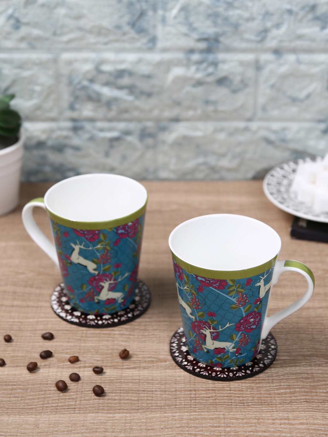 

India Circus Set of 2 Blue Printed Cups Bone China Set