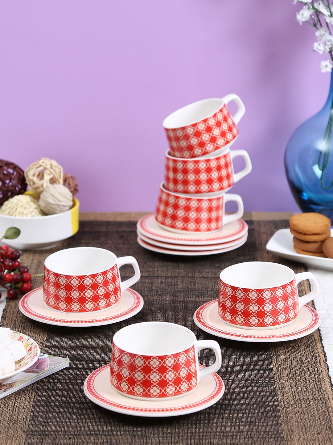 

India Circus Set of 6 Red & White Printed Bone China Cups and Saucers