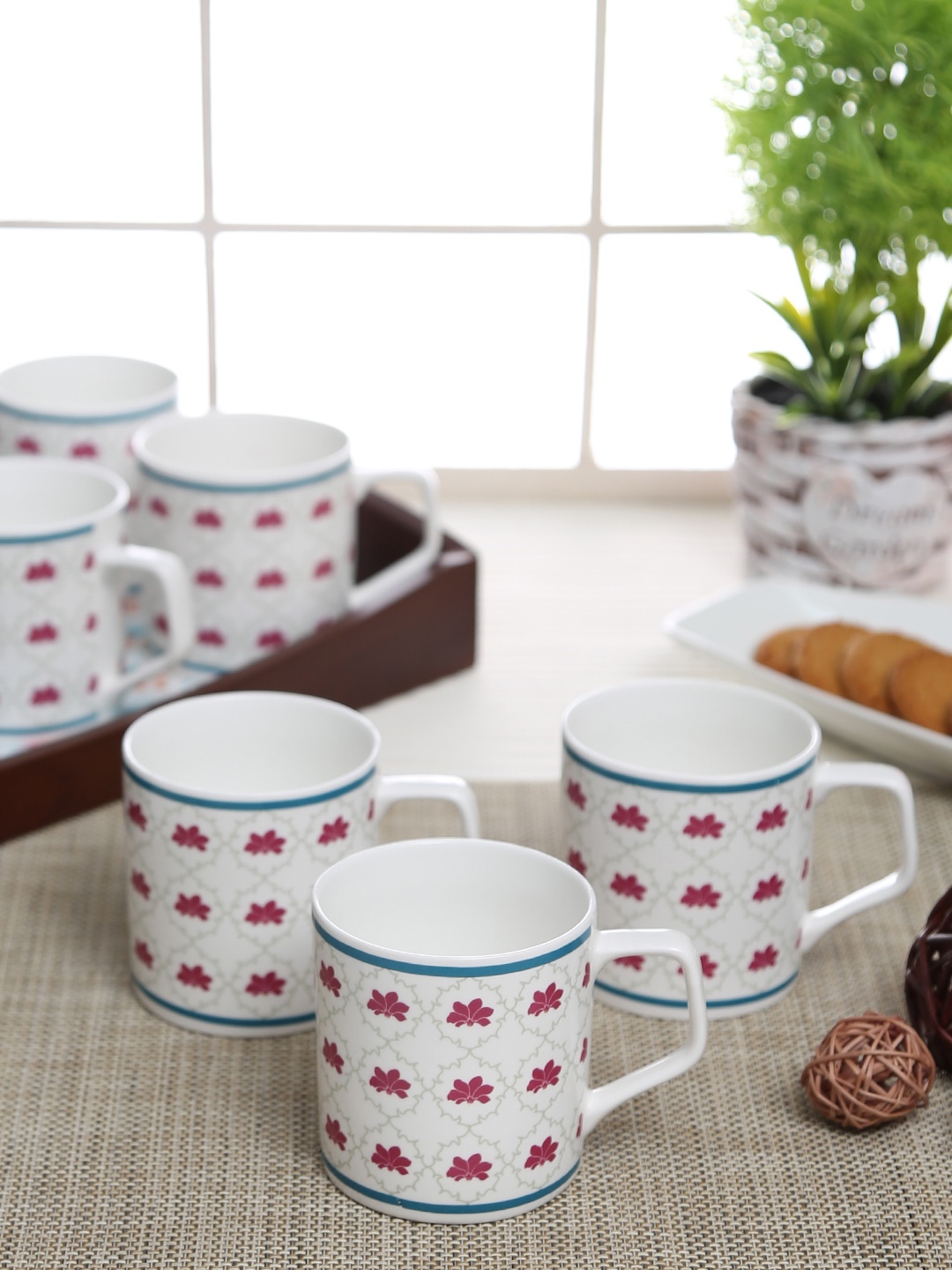 

India Circus Set of 6 Blue & White Printed Bone China Cups