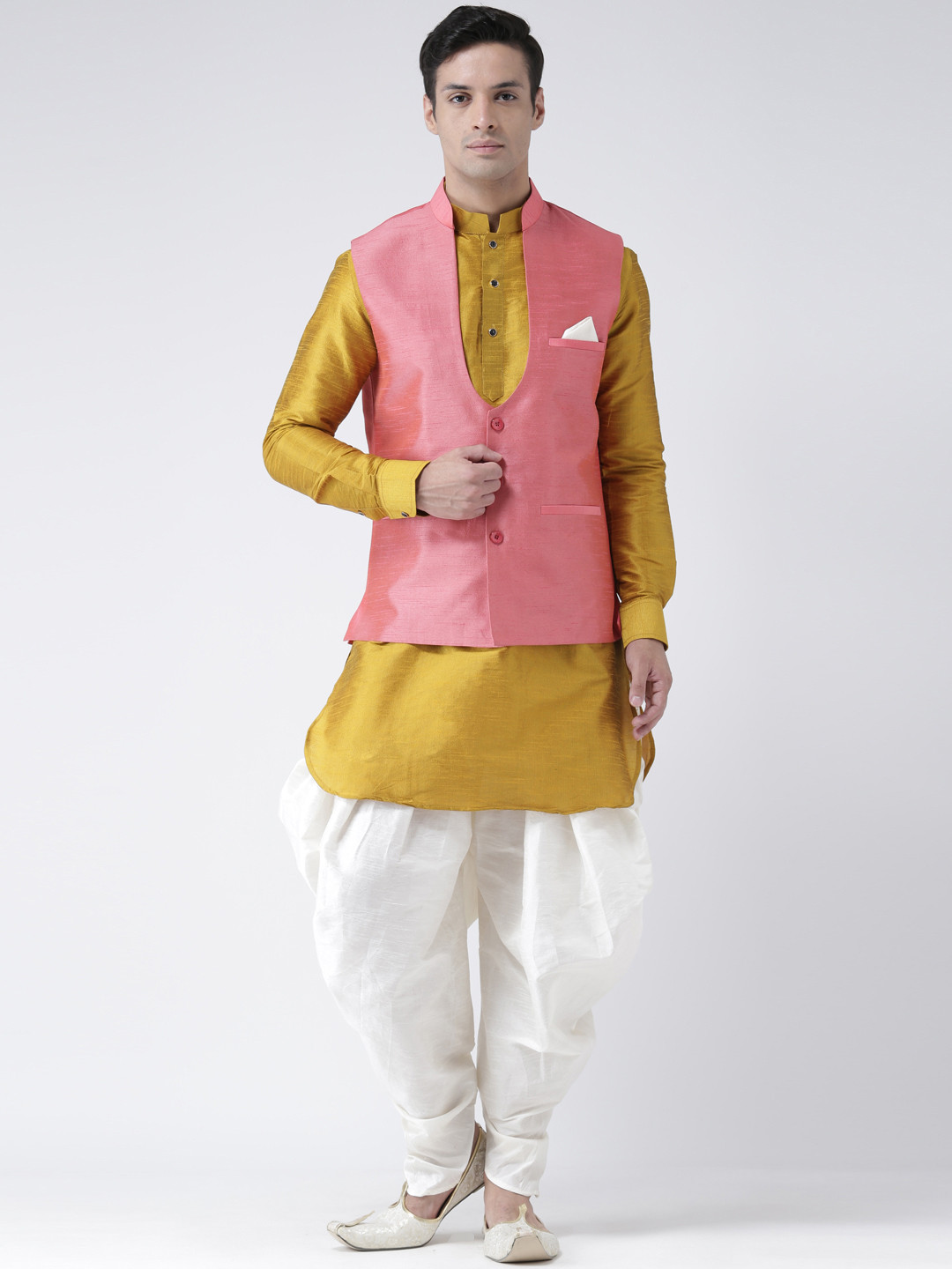 

DEYANN Men Pink & Yellow Solid Kurta with Patiala