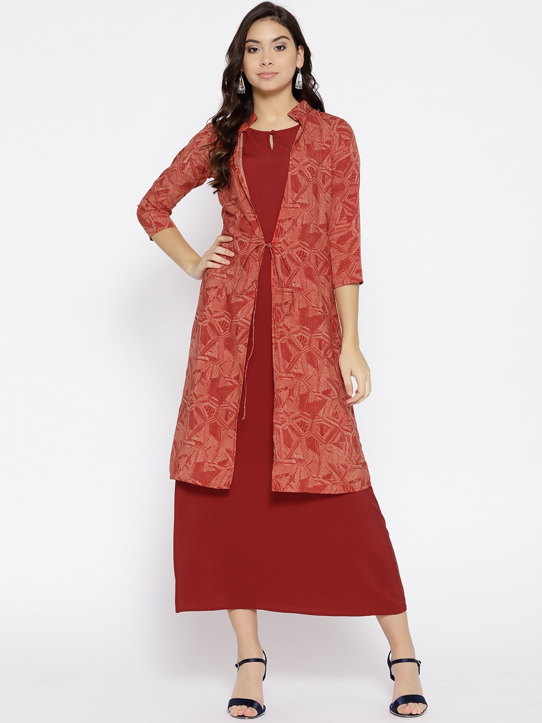 

Cottinfab Women Rust Red & Maroon Printed Maxi Dress