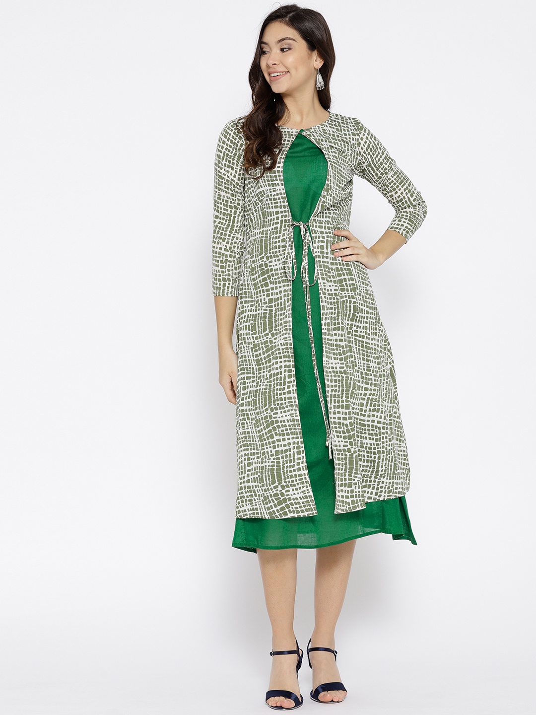 

Cottinfab Women Off-White & Green Printed Layered Maxi Dress