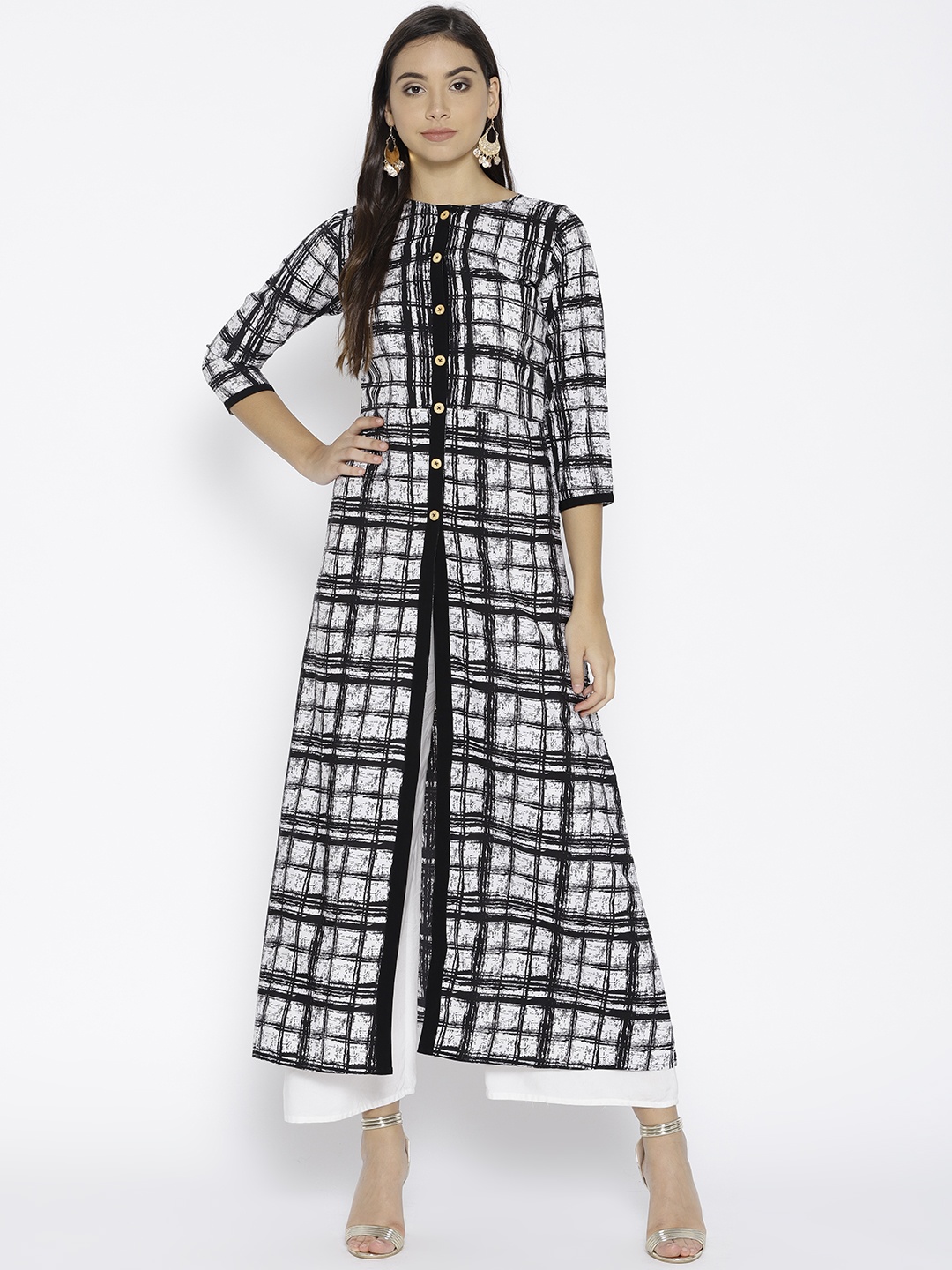 

Cottinfab Women Black & White Checked A-Line Kurta