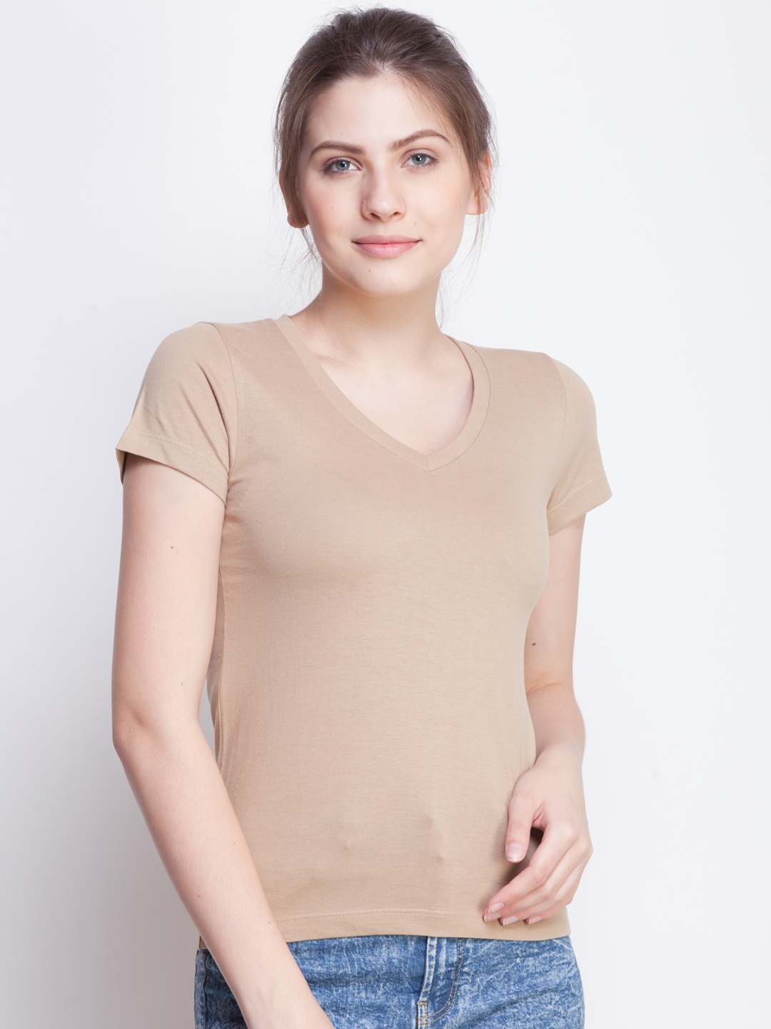 

Dollar Missy Women Beige Solid V-Neck T-shirt