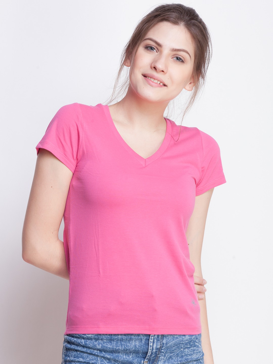 

Dollar Missy Women Pink Solid V-Neck T-shirt