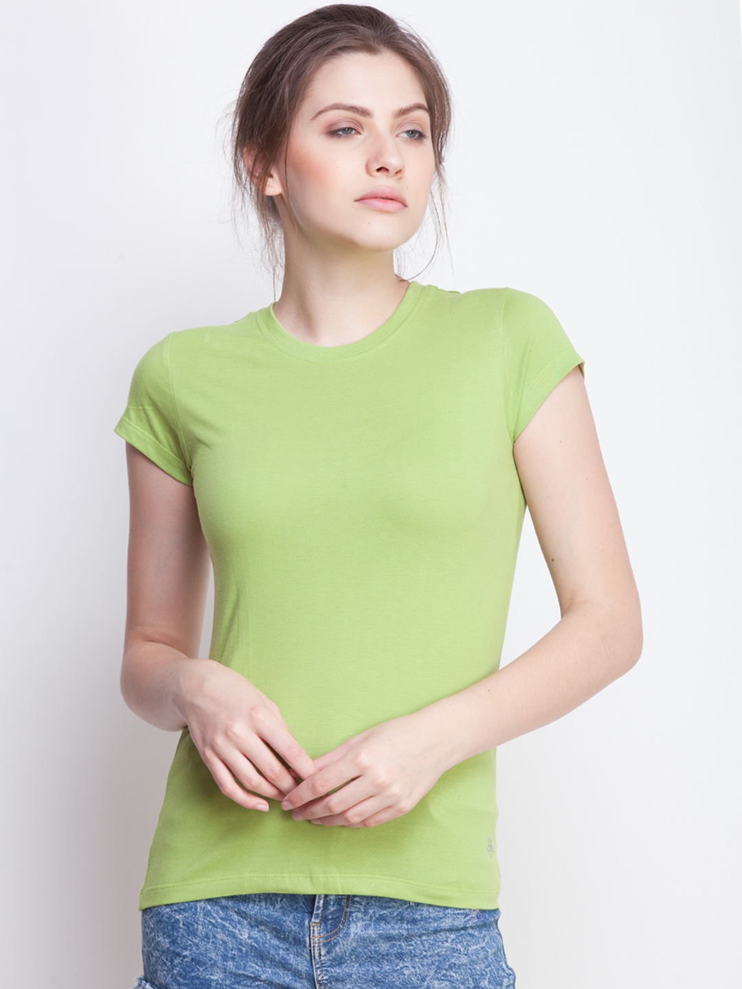 

Dollar Missy Women Green Solid Round Neck T-shirt