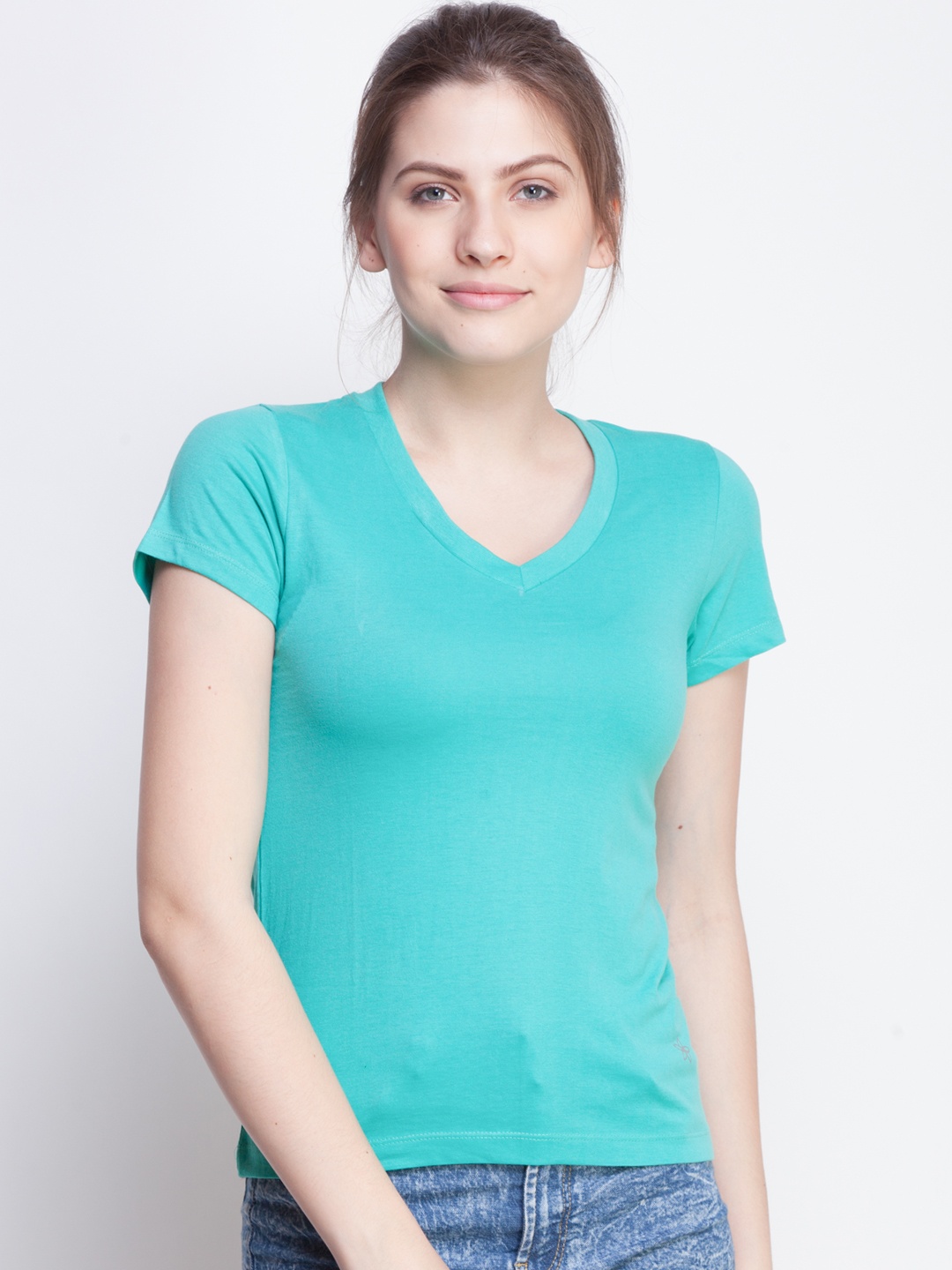

Dollar Missy Women Sea Green Solid V-Neck T-shirt