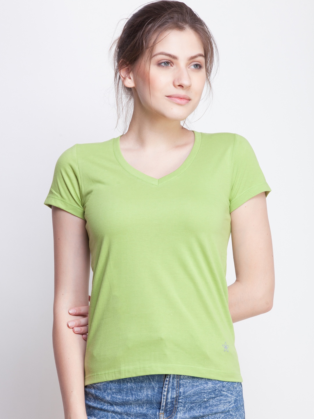 

Dollar Missy Women Green Solid V-Neck T-shirt